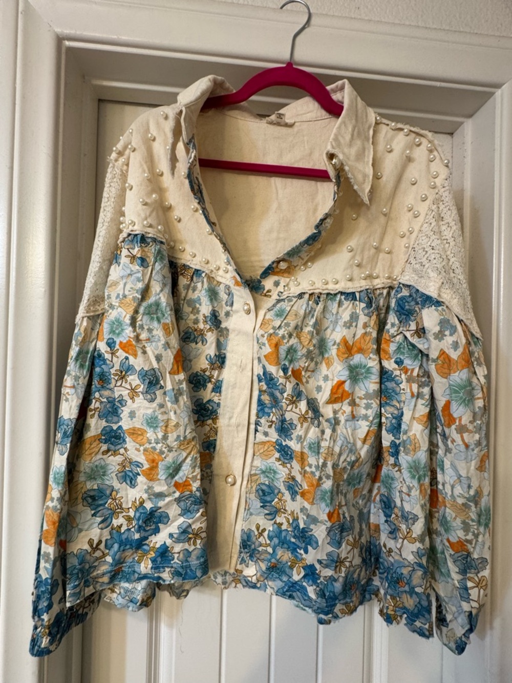 Pol - Cream Floral Pearl-Accent Button-Up Blouse